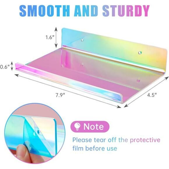 Set of 2 iridescent acrylic floating wall shelves rainbow adhesive storage rack - Picture 3 of 8